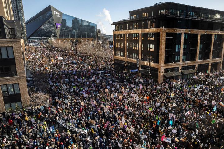 A massive crowd demonstrates in Minneapolis.