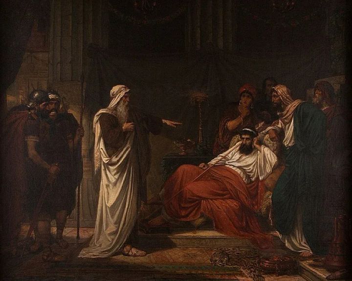 A king on a throne, surrounded by advisors and soldiers, is accused by a prophet, who stands in the center of the composition and points at the king.