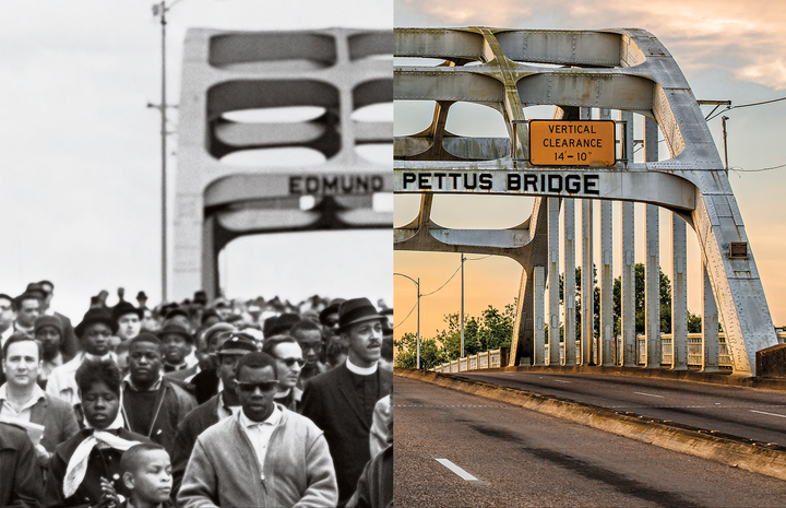 Composite image of the Edmund Pettus Bridge in Selma, Alabama. The left shows marchers starting the second Selma-to-Montgomery march in 1965. The right shows the bridge in 2014.