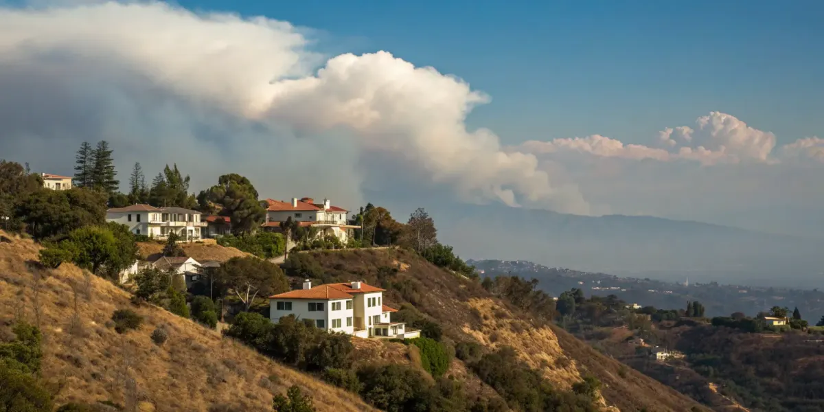 Homes on a dry hillside in a high fire risk zone for insurance.