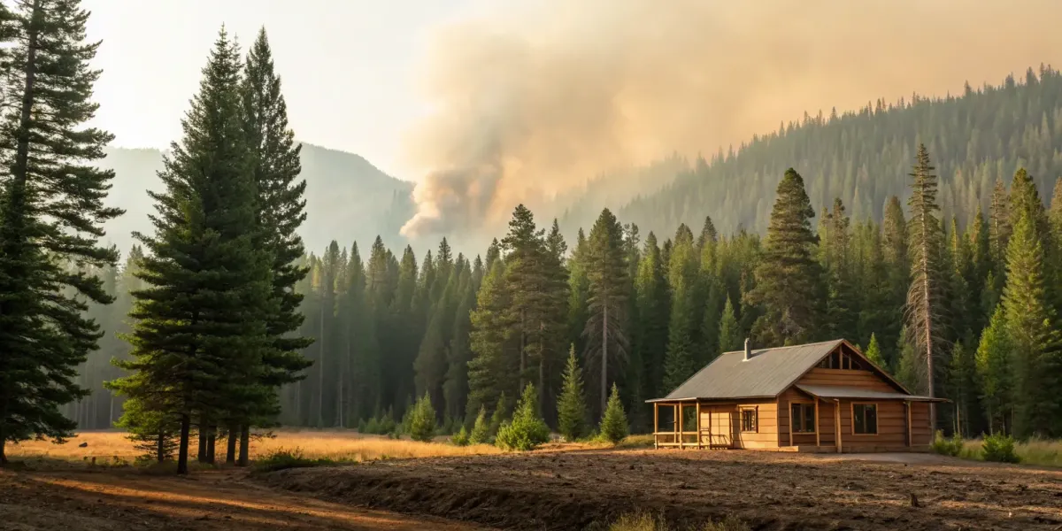 Cabin nestled in trees with smoke-filled sky. Insuring your cabin against wildfire risk.