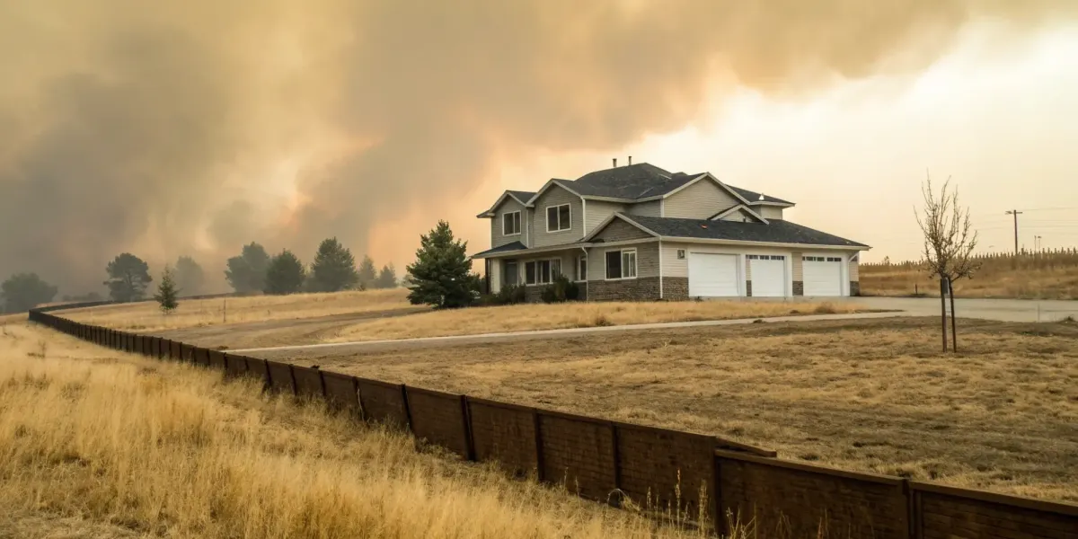 FAIR plan cost: House near dry brush, wildfire smoke.