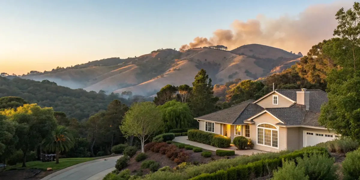 A high-value home near a hillside with smoke, a risk covered by wildfire insurance.