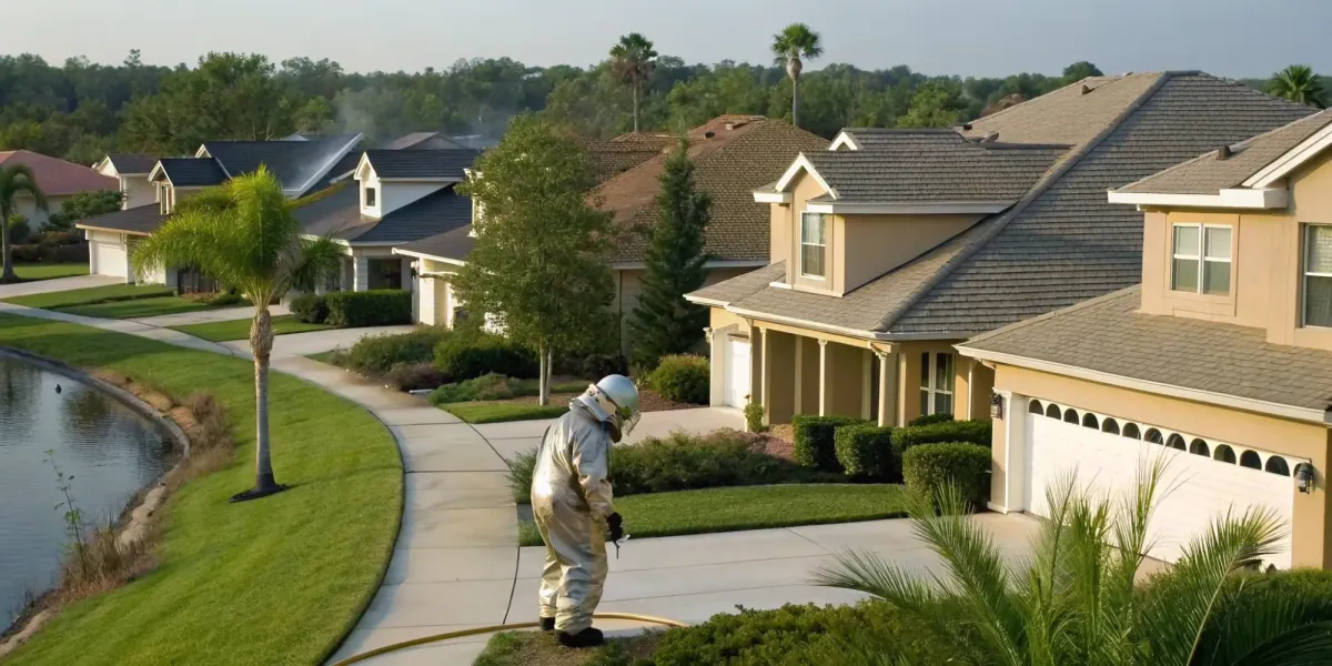 Worker treating landscaping for WiserBuild and FireFoil insurance discounts.