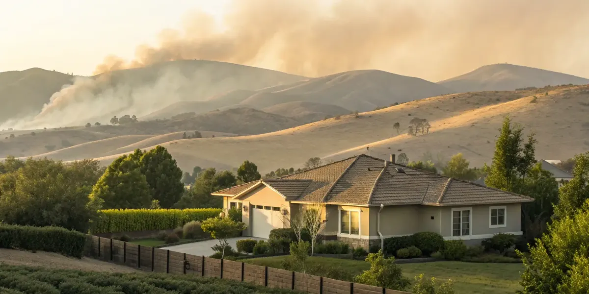House near wildfire smoke, showing the need for FAIR plan coverage limits and deductibles.