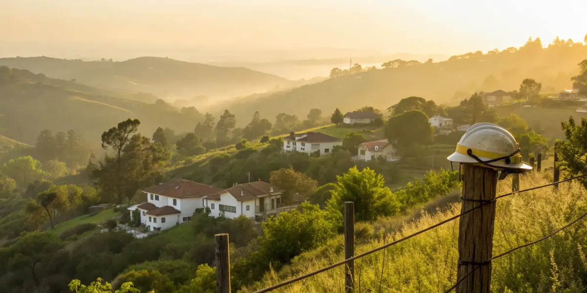 A hard hat overlooks California homes in a fire zone searching for an insurance company still writing policies.