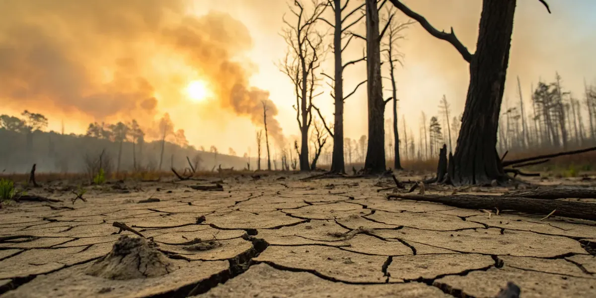 Scorched trees and dry, cracked earth in a high fire risk area as defined by insurance companies.