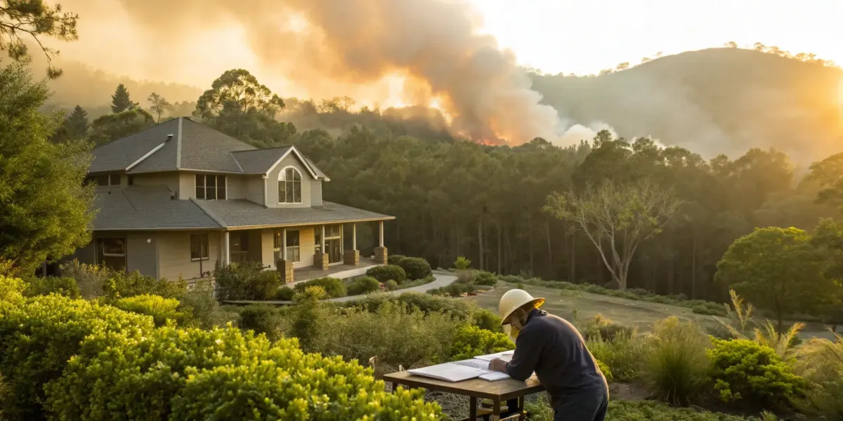 An insurance agent reviews a home's past claims report with a wildfire visible in the background.