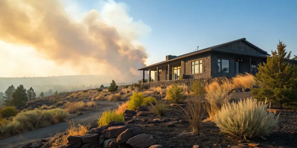 A fire-resistant home with defensible space landscaping qualifies for insurance discounts as a wildfire nears.
