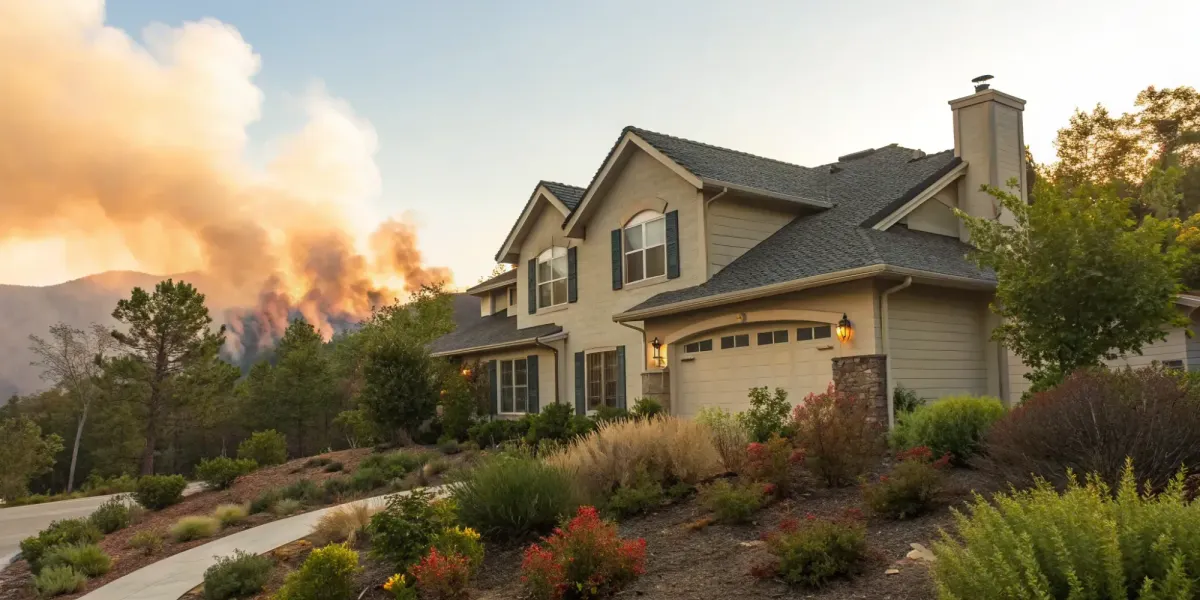A home built with fire-resistant construction stands safely near a wildfire, proof for insurance.