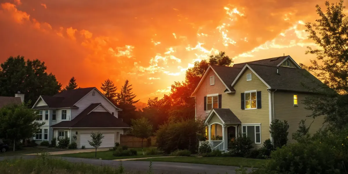 Landlord insurance vs dwelling fire coverage for protecting suburban rental homes at sunset.