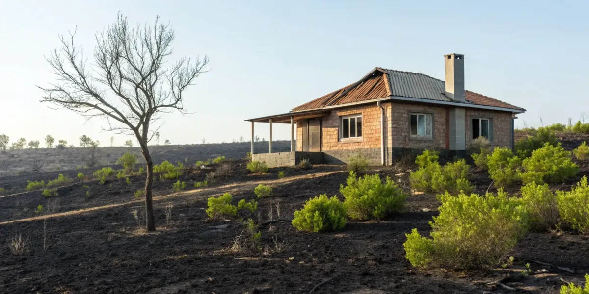 Home with a damaged roof after a wildfire, showing the need for extended replacement cost.