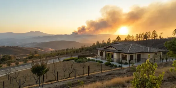 Burning wildfire threatens home. Private insurance providers offer protection.
