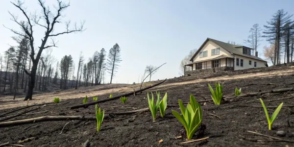 New plant growth on scorched soil next to a house in a high risk California fire zone.