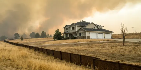 FAIR plan cost: House near dry brush, wildfire smoke.