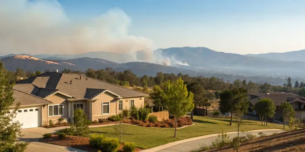 Getting a home insurance quote for a house in a high-risk wildfire zone with smoke in the background.