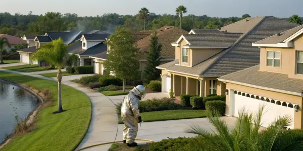 Worker treating landscaping for WiserBuild and FireFoil insurance discounts.