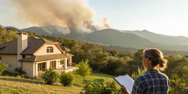 Person compares quotes from insurers for a home in a wildfire zone with smoke in the background.