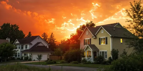 Landlord insurance vs dwelling fire coverage for protecting suburban rental homes at sunset.