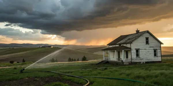 Rural home under a stormy sky, a key factor in private insurance vs FAIR plan cost.