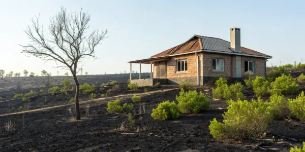 Home with a damaged roof after a wildfire, showing the need for extended replacement cost.