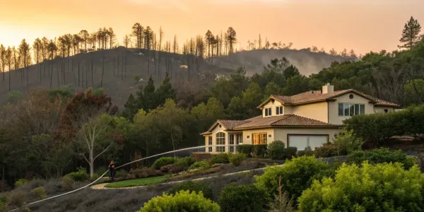A home dangerously close to a hillside burned by a wildfire, a risk needing proper coverage.