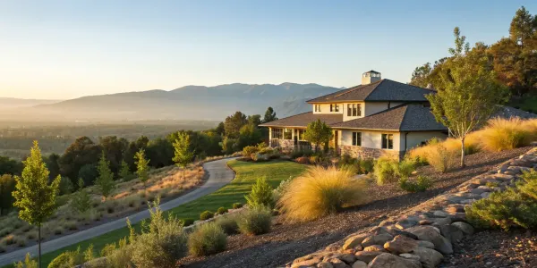 Modern secondary home with defensible space, a key for getting coverage in wildfire zones.