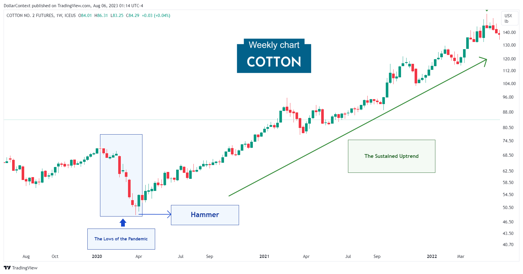 Weekly cotton candlestick chart showing a hammer pattern followed by an uptrend