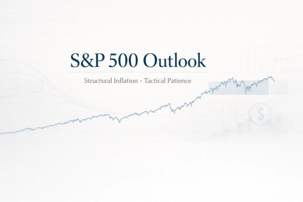 S&P 500 market outlook cover image showing a long-term upward price trend with the title “S&P 500 Outlook” and the subtitle “Structural Inflation · Tactical Patience”