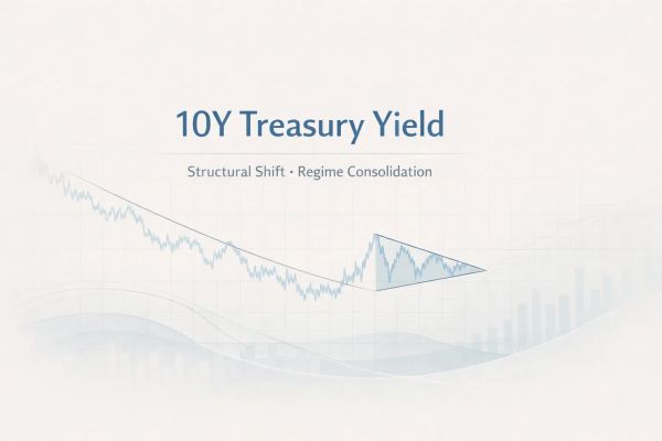 Stylized chart of the 10-year U.S. Treasury yield showing a long-term decline, a structural break, and a recent consolidation pattern, illustrating a post-2020 regime shift.