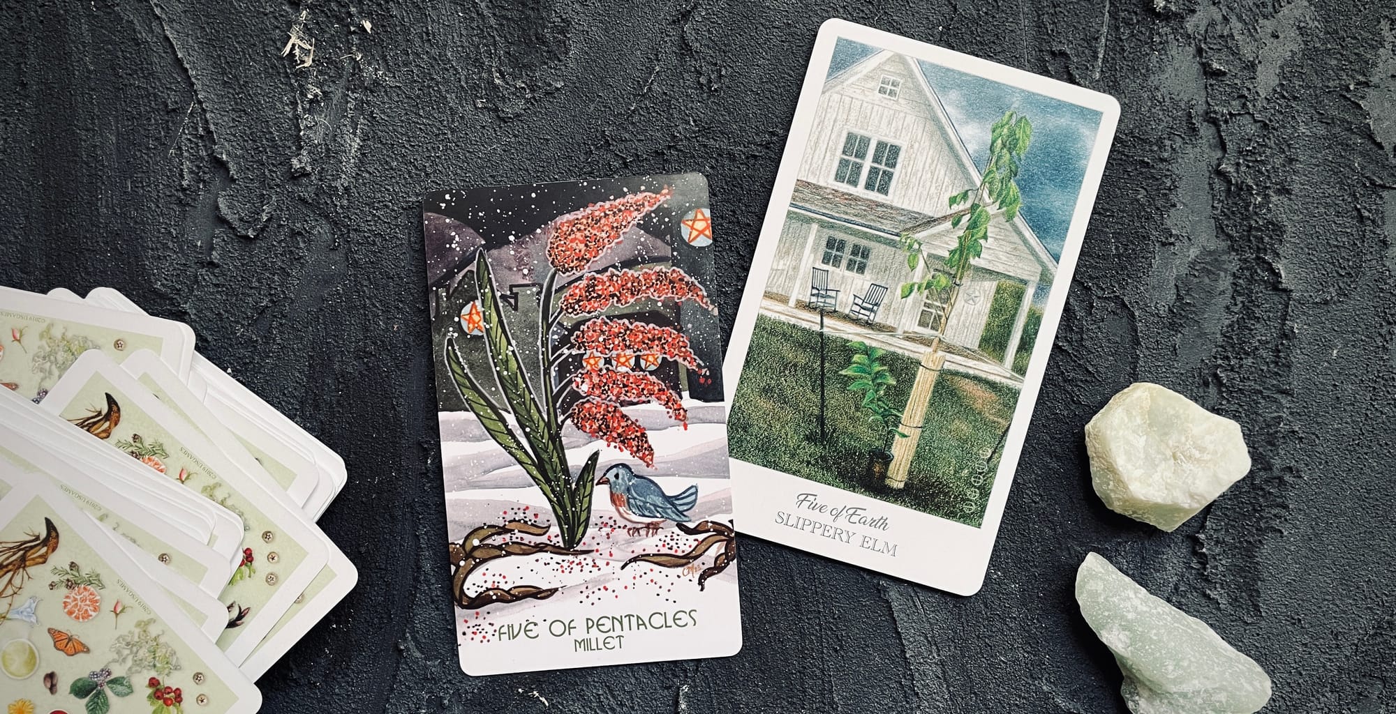 five of pentacles from the magic pantry tarot (left) and the herbcrafter's tarot (right)