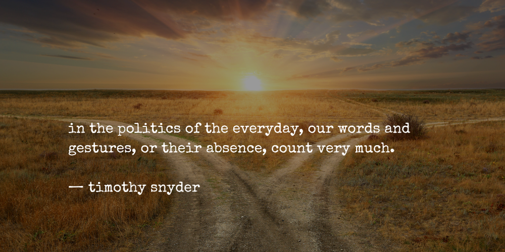 photograph of a gravel road splitting in two directions, with text: in the politics of the everyday, our words and gestures, or their absence, count very much. —timothy snyder