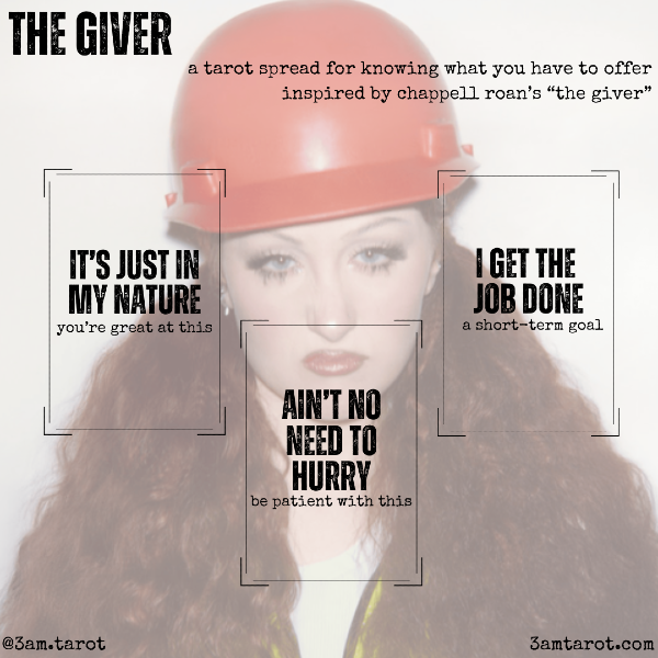 THE GIVER: a tarot spread for knowing what you have to offer, inspired by chappell roan's "the giver." it's just in my nature / ain't no need to hurry / i get the job done