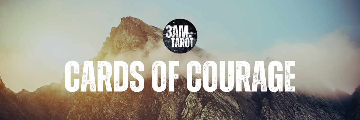 cards of courage banner: rock mountain with sky and clouds behind