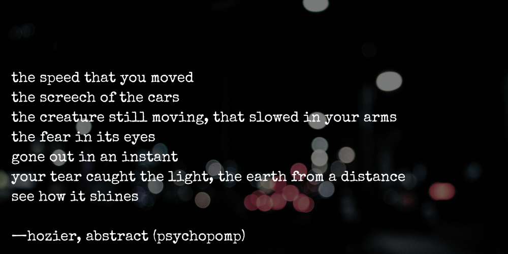 lyrics from hozier's abstract (psychopomp): the speed that you moved / the screech of the cars / the creature still moving / that slowed in your arms / the fear in its eyes / gone out in an instant / your tear caught the light / the earth from a distance / see how it shines