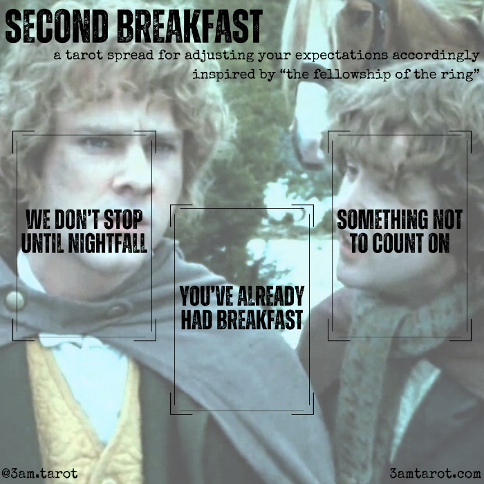 second breakfast: a tarot spread for adjusting your expectations accordingly. card one: we don't stop until nightfall. the challenge. card two: you've already had breakfast. a resource available to you. card three: something not to count on. a reality check.