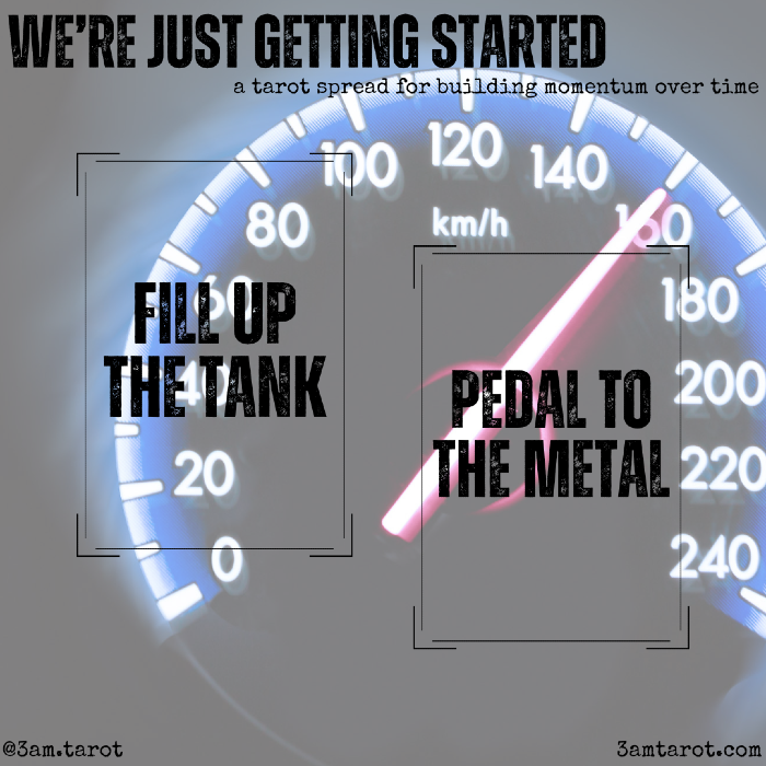 WE'RE JUST GETTING STARTED: a tarot spread for building momentum over time. fill up the tank / pedal to the metal