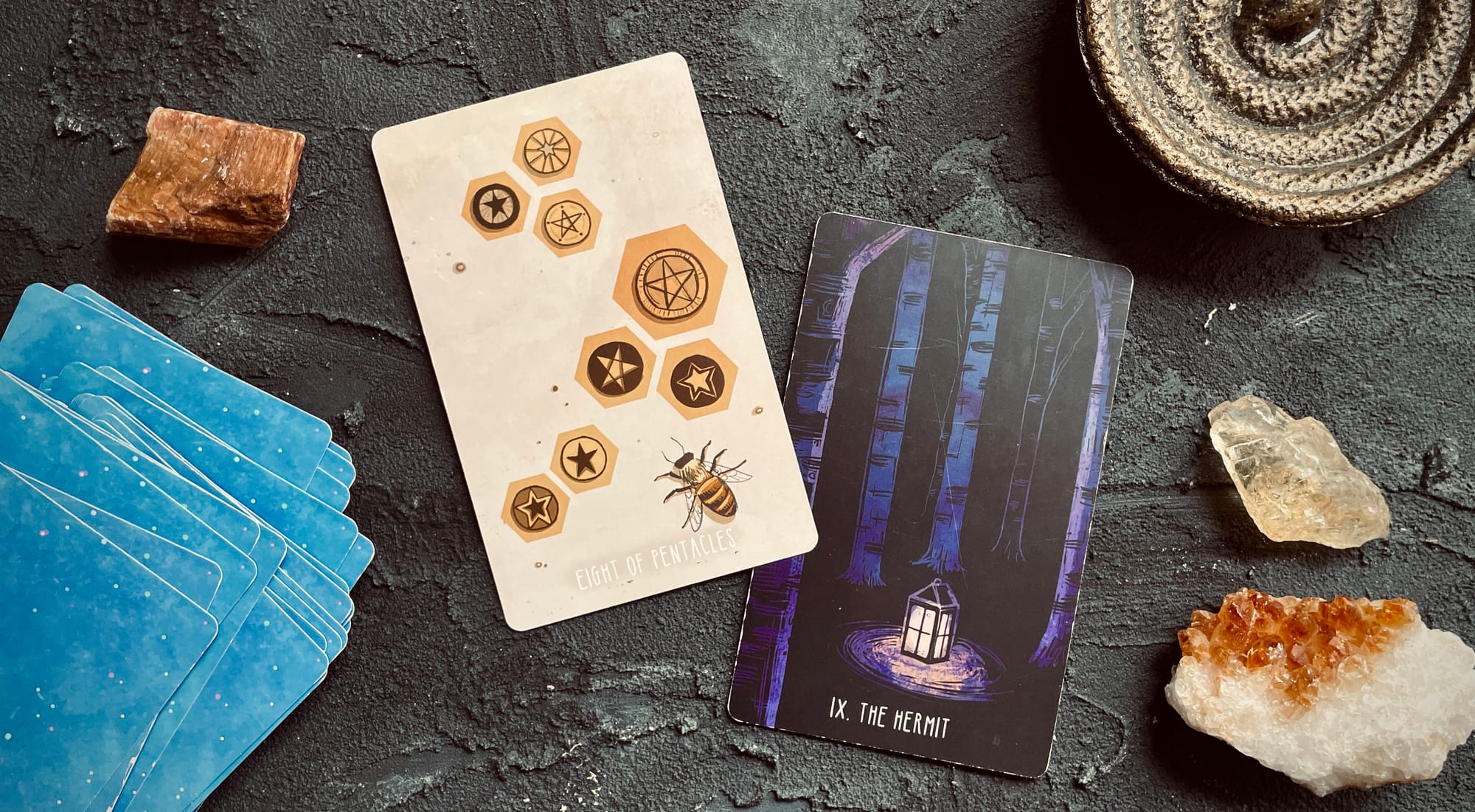 eight of pentacles & the hermit from the spacious tarot