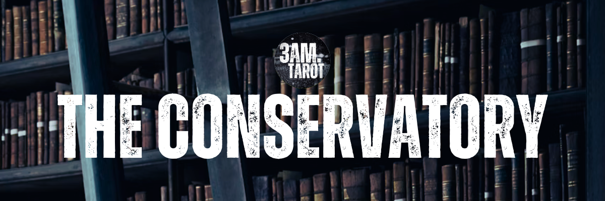 3am.tarot / "the conservatory" text over a dark bookshelf with a ladder
