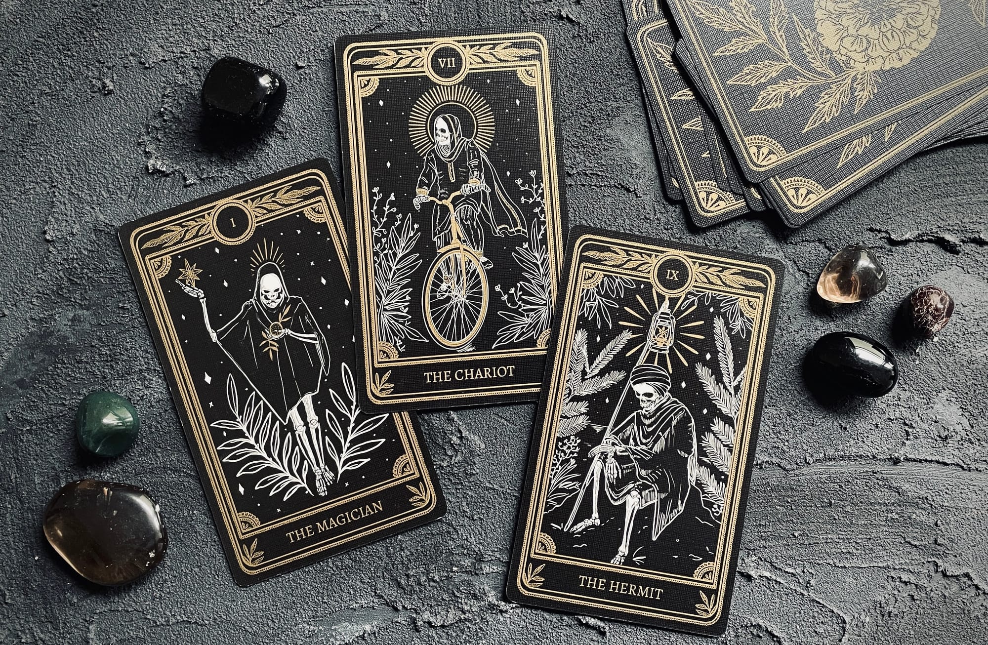 magician, chariot, and hermit from the marigold tarot