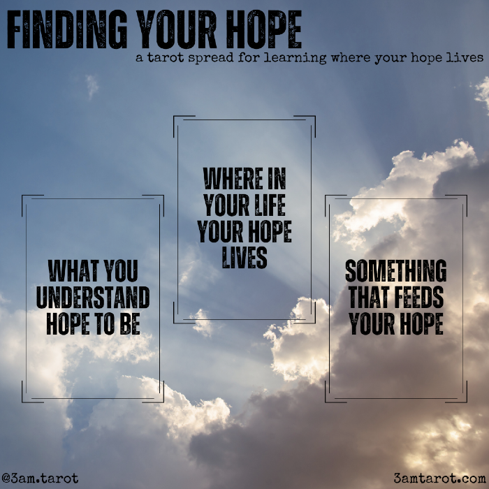 finding your hope: a tarot spread for learning where your hope lives. what you understand hope to be / where in your life your hope lives / something that feeds your hope