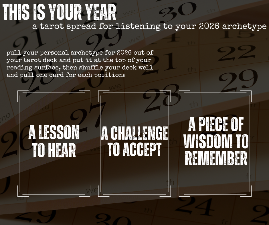 this is your year: a tarot spread for listening to your 2026 archetype. pull your personal archetype for 2026 out of your tarot deck and put it at the top of your reading surface, then shuffle your deck well and pull one card for each position: a lesson to hear / a challenge to accept / a piece of wisdom to remember