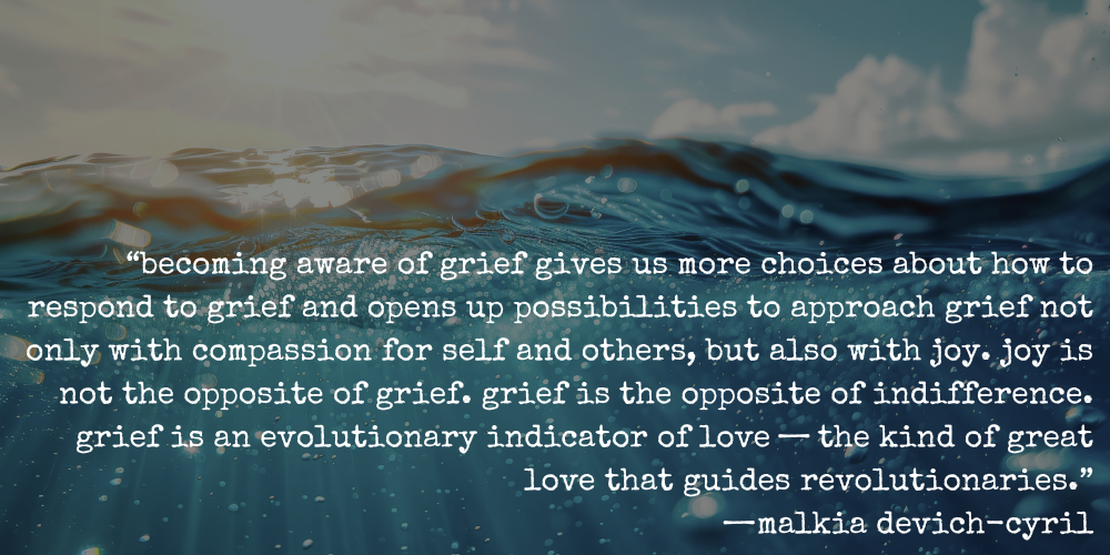 “becoming aware of grief gives us more choices about how to respond to grief and opens up possibilities to approach grief not only with compassion for self and others, but also with joy. joy is not the opposite of grief. grief is the opposite of indifference. grief is an evolutionary indicator of love — the kind of great love that guides revolutionaries.” —malkia devich-cyril