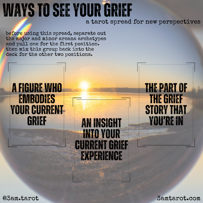 ways to see your grief: a tarot spread for new perspectives. before using this spread, separate out the major and minor arcana archetypes and pull one for the first position. then mix this group back into the deck for the other two positions. a figure who embodies your current grief / an insight into your current grief experience / the part of the grief story that you're in