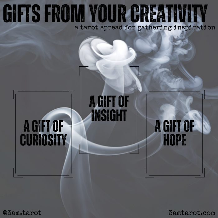 gifts from your creativity: a tarot spread for gathering inspiration. a gift of curiosity / a gift of insight / a gift of hope