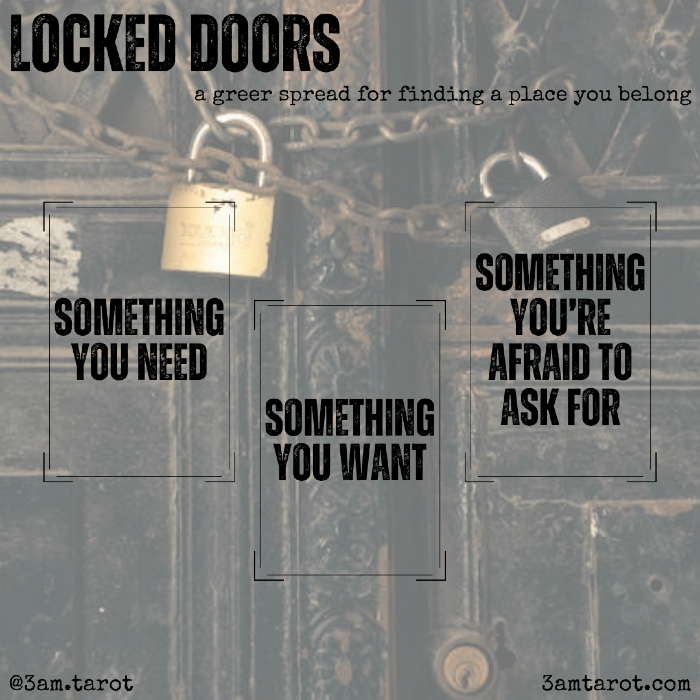 locked doors: a greer spread for finding a place you belong. something you need / something you want / something you're afraid to ask for