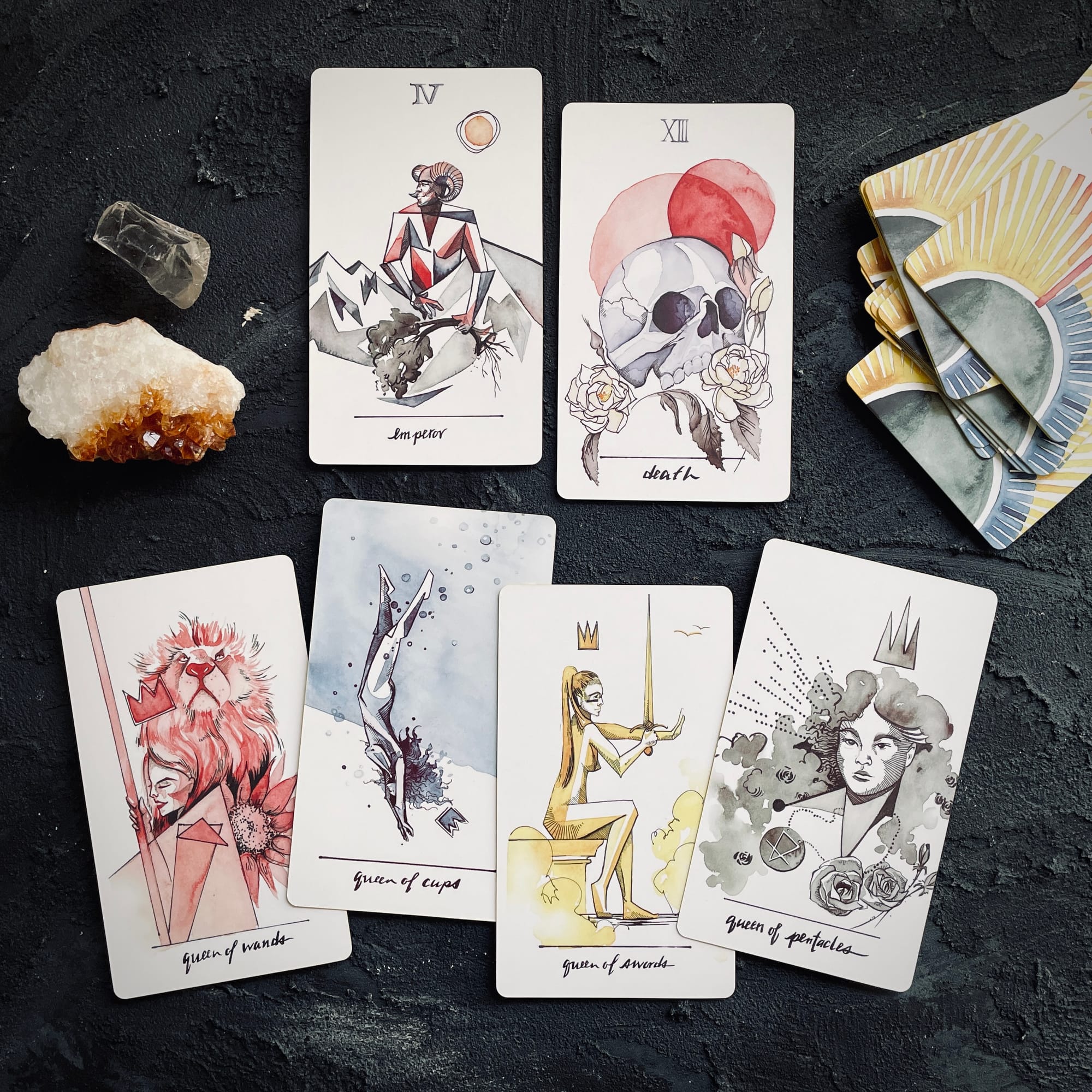 emperor, death, and four queens from the vindur tarot