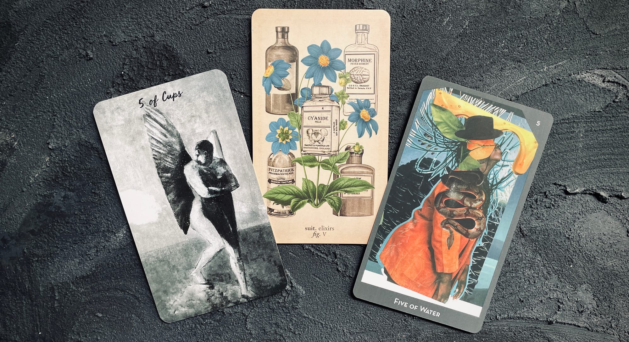 five of cups from the tarot chimera (left), antique anatomy tarot (center), and lineages of change tarot (right)