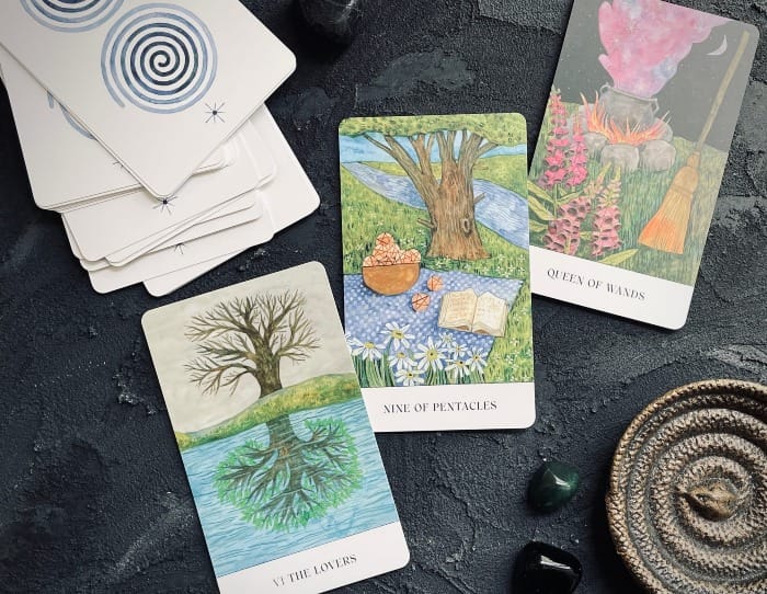 lovers, nine of pentacles & queen of wands from lindsay mack's soul tarot