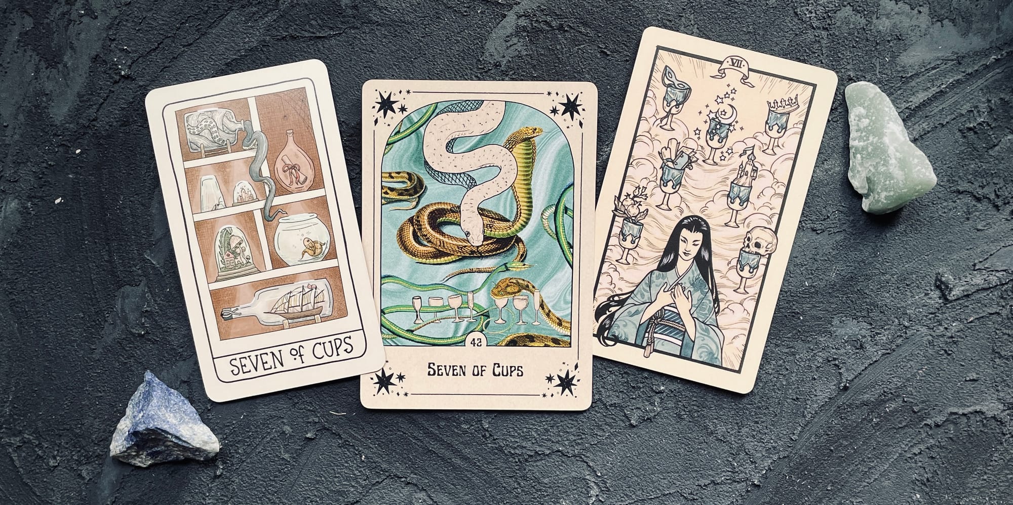 seven of cups from the fifth spirit tarot (left), the every little thing you do is magic tarot (center), and the fyodor pavlov tarot (right)